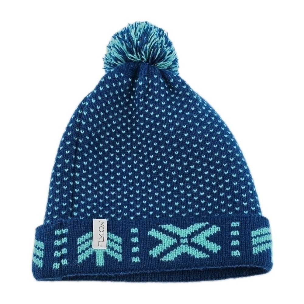 Flylow Hat Cap Beanie Midnight Blue Green One Size Stretch Winter Revival Pom